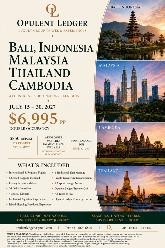 Opulent Ledger Southeast Asia group journey, July 15-30, 2027